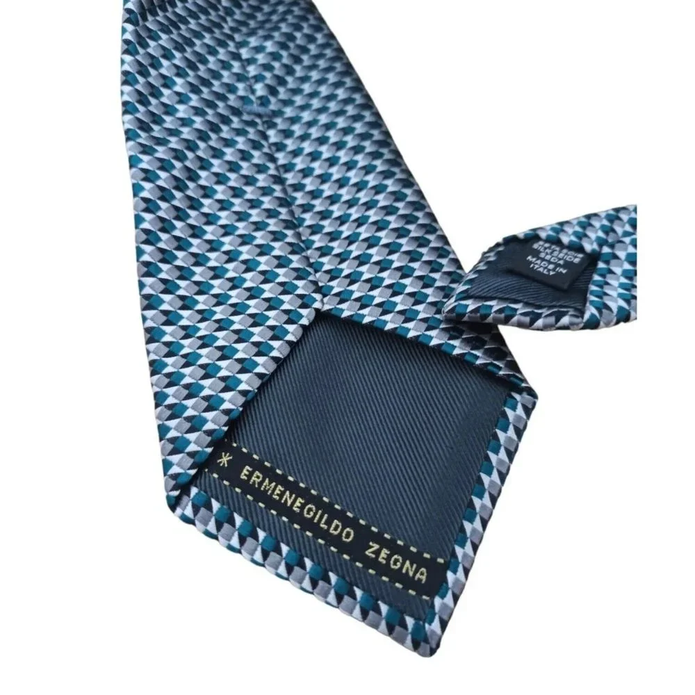 ERMENGILDO ZEGNA Silver Geometric Silk Tie ITALY 59
